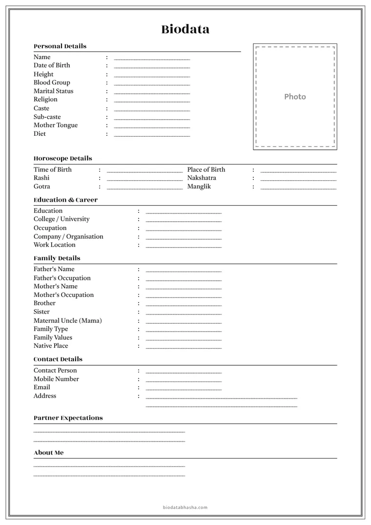 Blank marriage biodata format in English