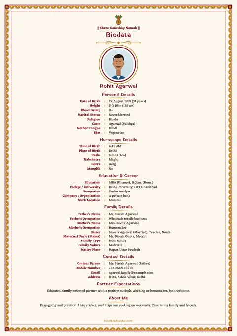 Marriage biodata design 104: Invitation layout, Zari border, Kumkum colour
