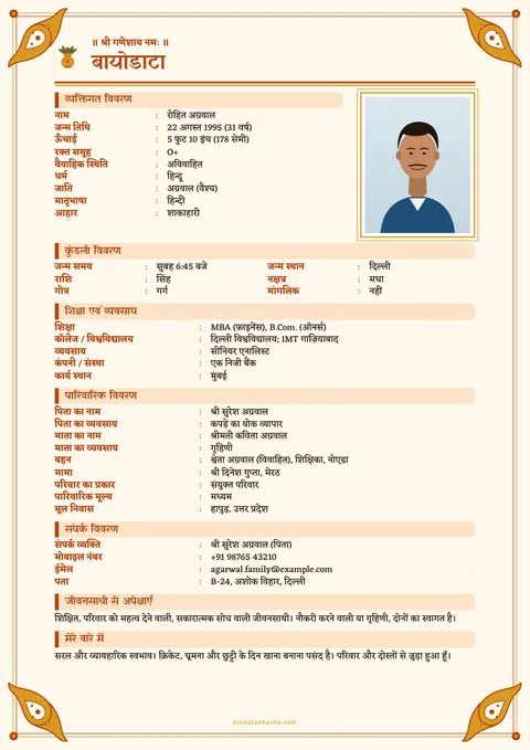 Marriage biodata design 20: Ribbon layout, Paisley (keri) border, Saffron colour