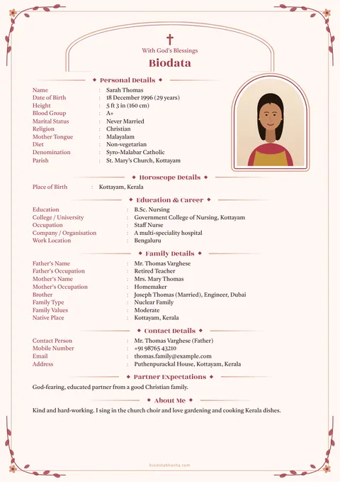 Marriage biodata design 72: Temple layout, Vine border, Rose colour