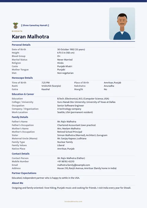 Marriage biodata design 79: Modern layout, No border border, Indigo colour