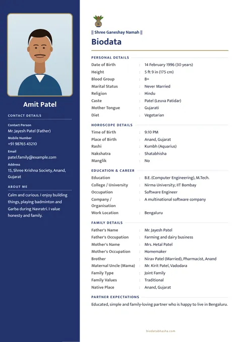 Marriage biodata design 84: Simple layout, No border border, Indigo colour