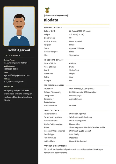 Marriage biodata design 85: Simple layout, No border border, Black & gold colour
