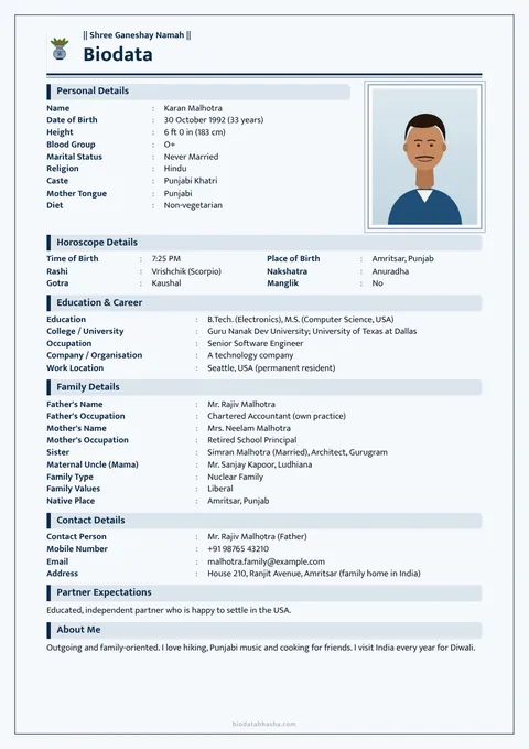 Marriage biodata design 87: Ribbon layout, Single line border, Navy colour