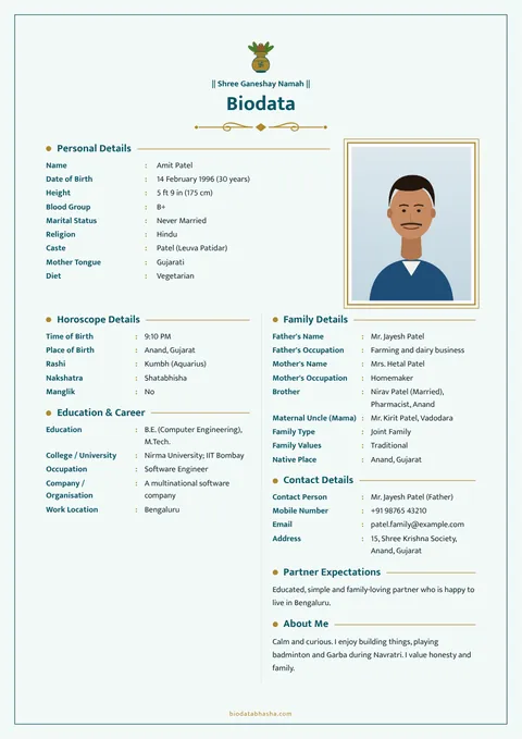 Marriage biodata design 88: Two columns layout, Single line border, Peacock colour