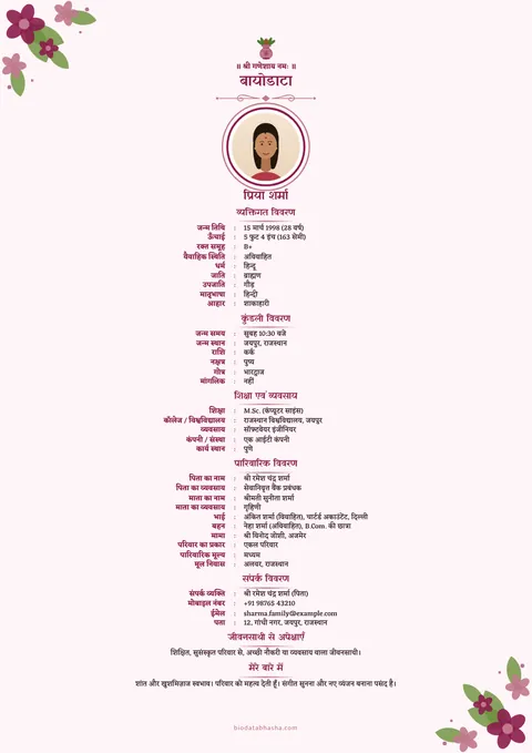 Marriage biodata design 93: Invitation layout, Flowers border, Pink colour