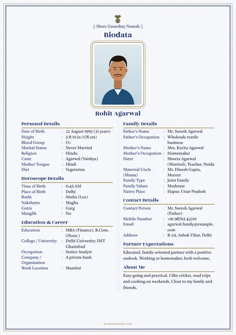 Marriage biodata design 98: Photo first layout, Double line border, Indigo colour