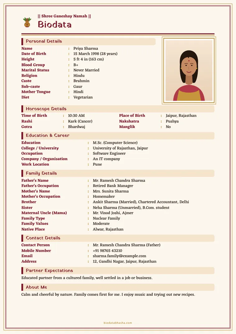 English marriage biodata sample