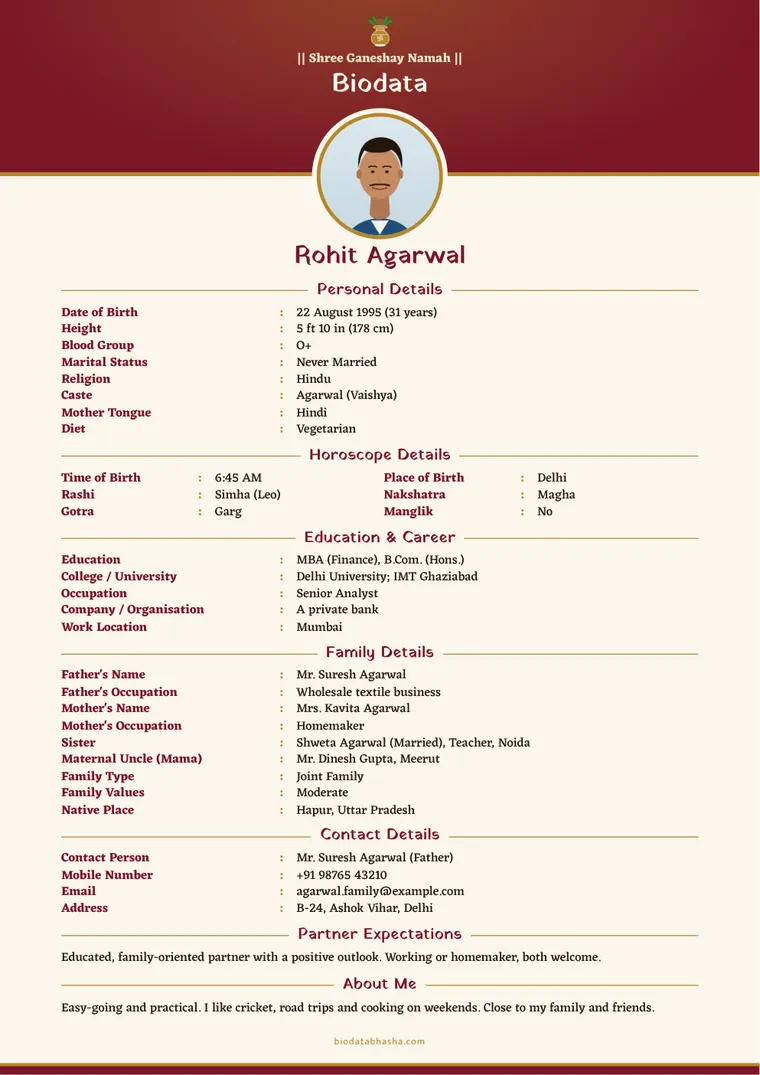 Biodata for boy – sample marriage biodata (English)