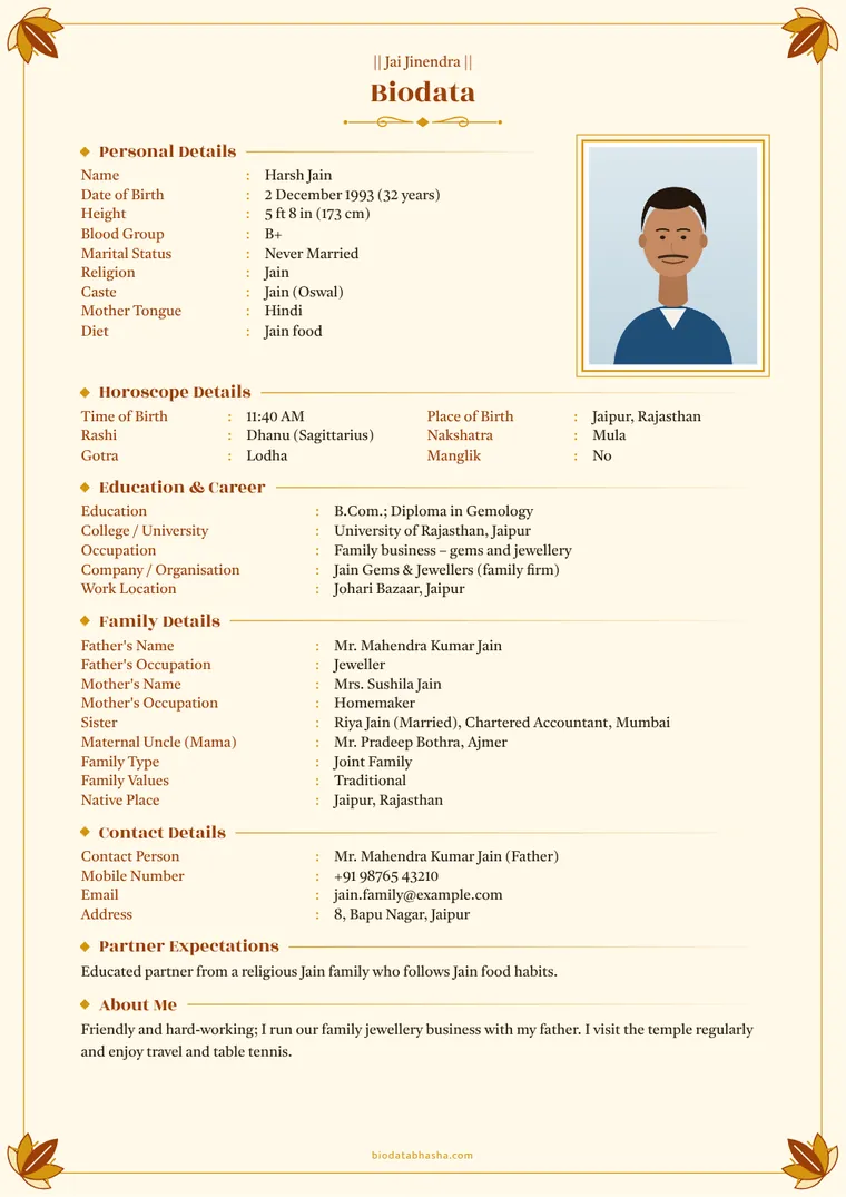 Business family – sample marriage biodata (English)
