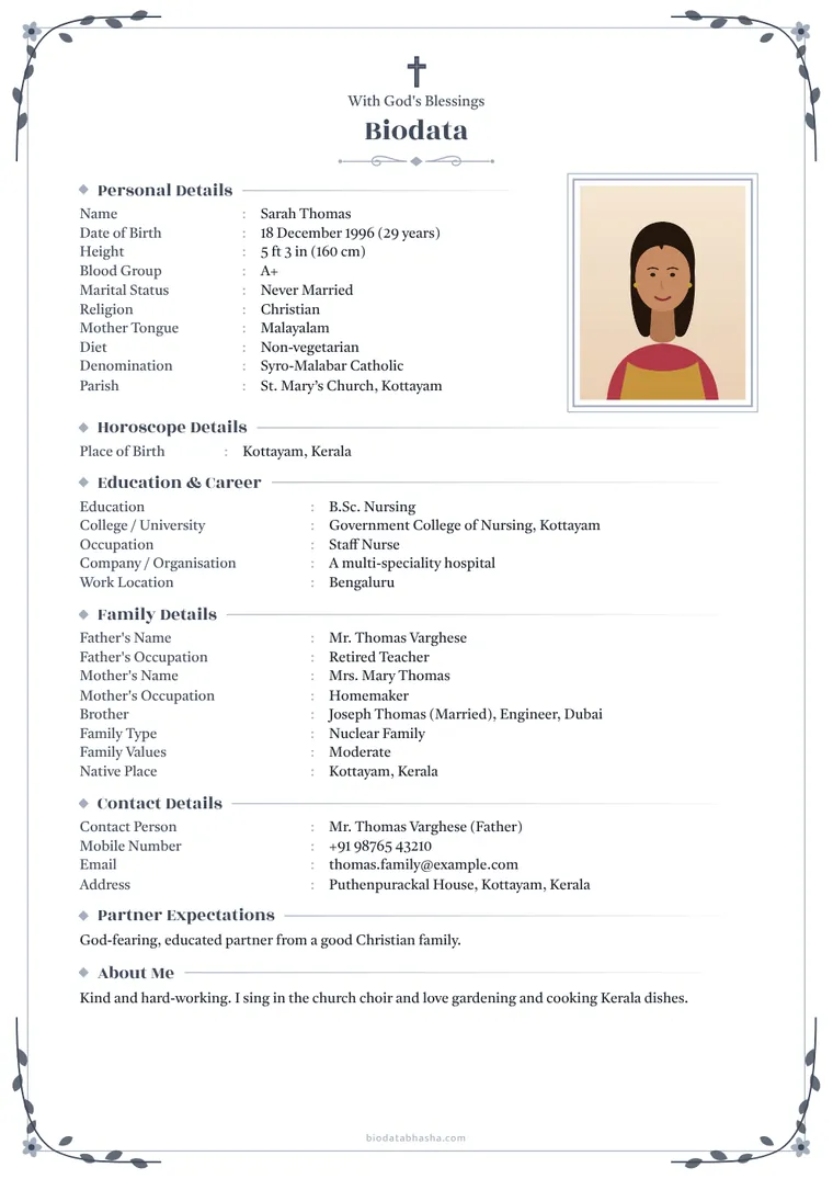 Sample Christian marriage biodata in English