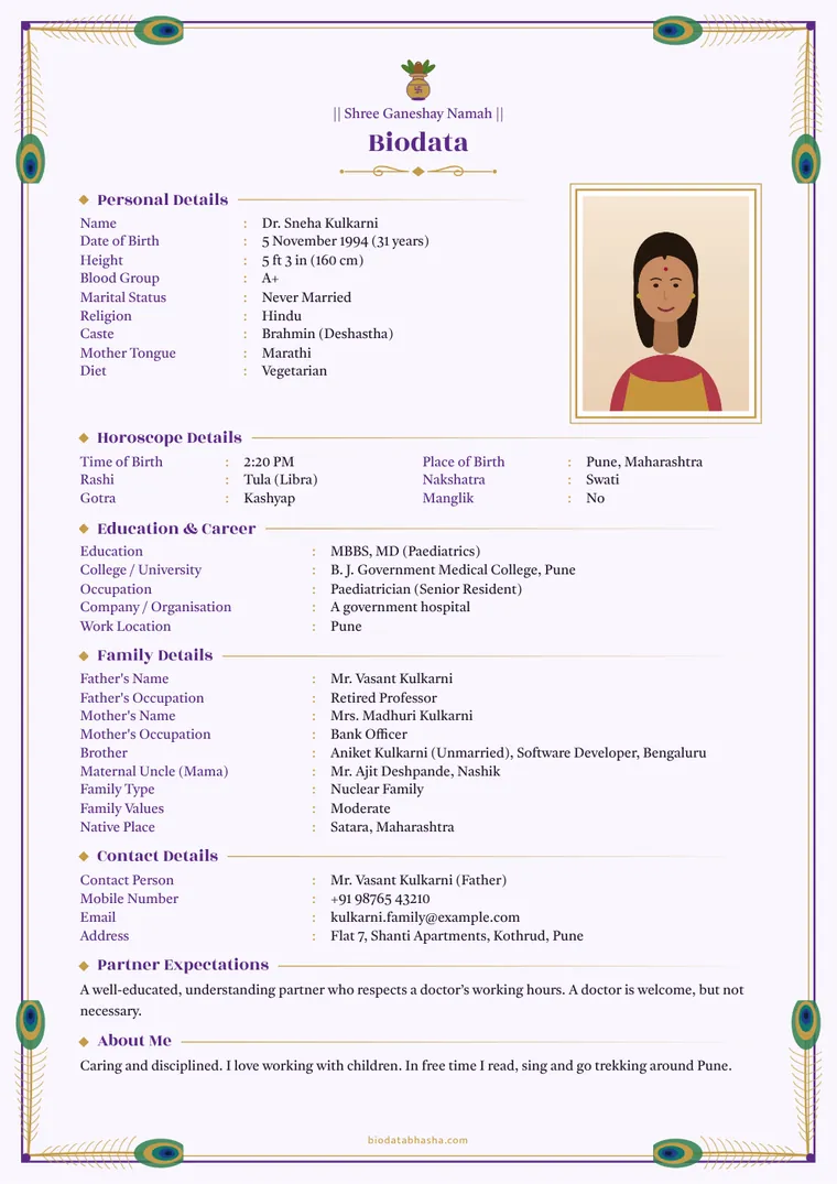 Doctor – sample marriage biodata (English)