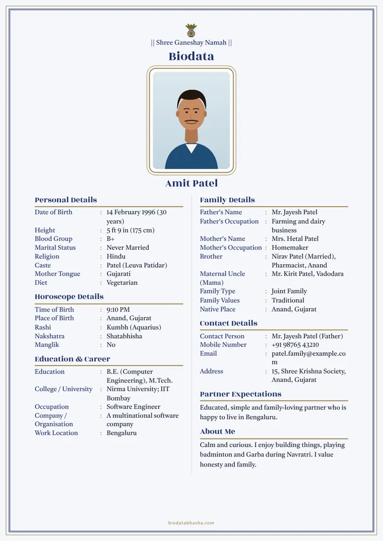 Engineer – sample marriage biodata (English)
