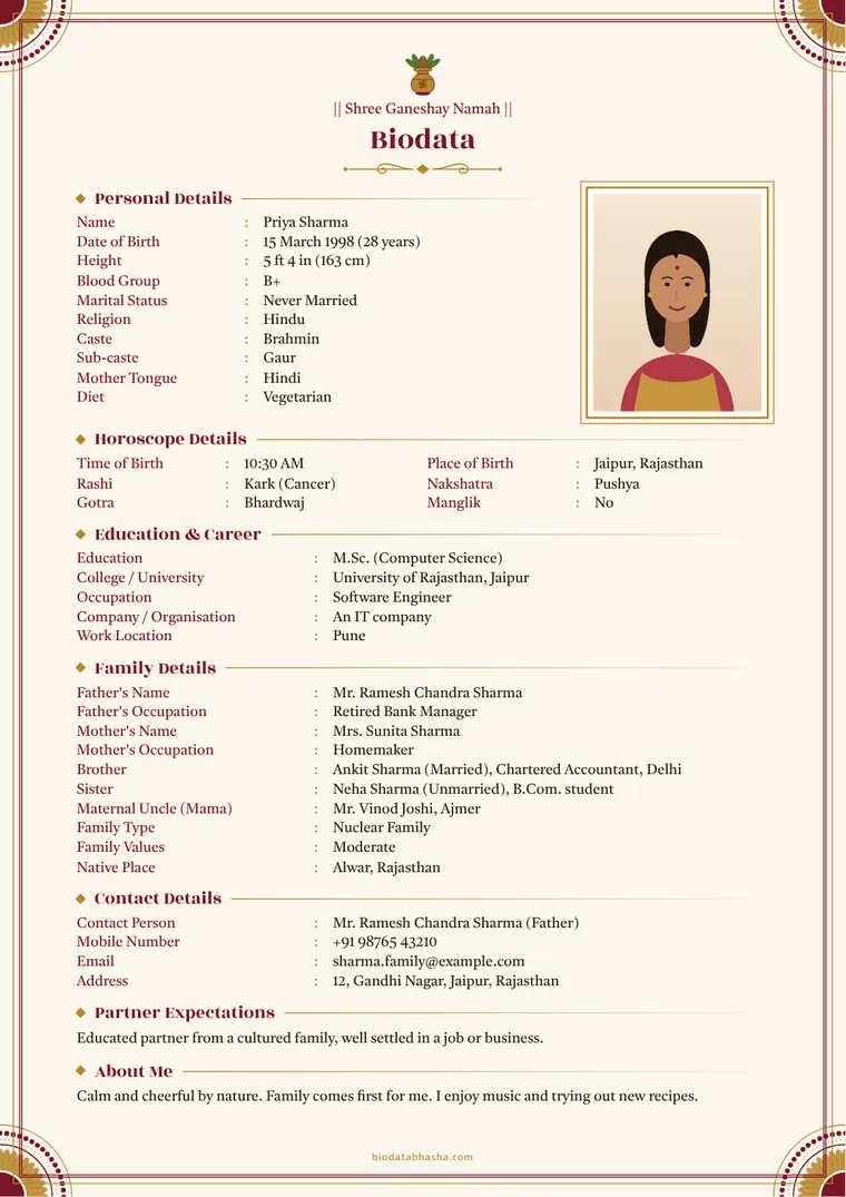 Biodata for girl – sample marriage biodata (English)