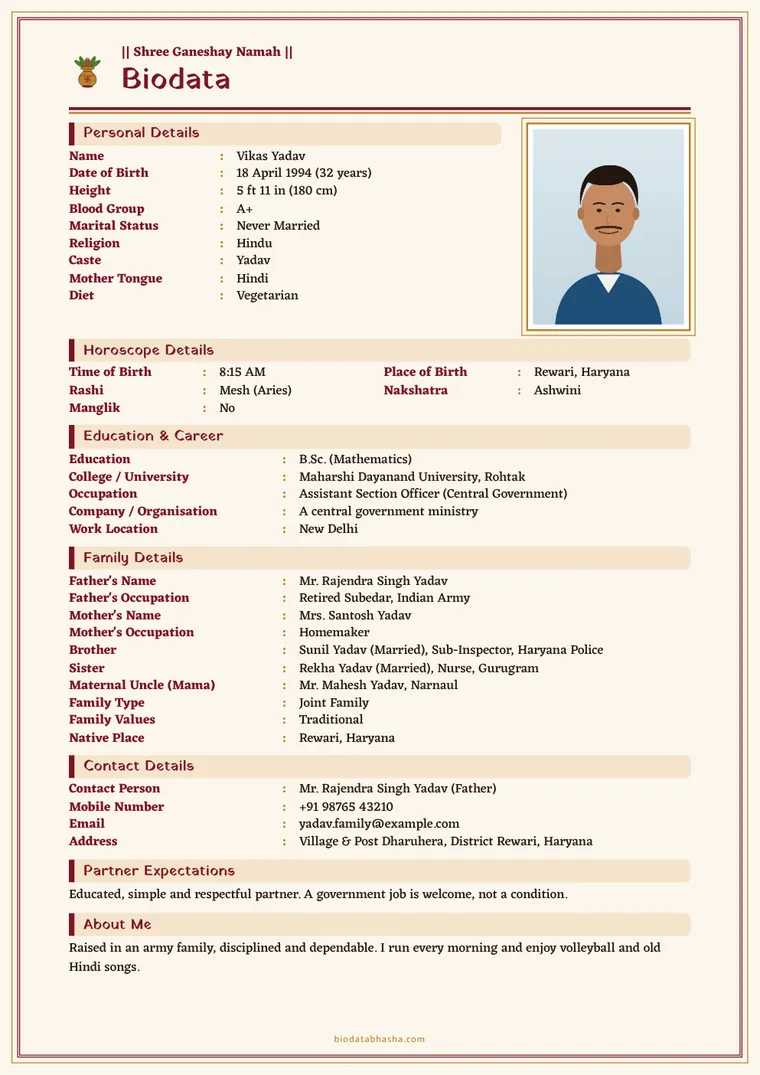 Government job – sample marriage biodata (English)