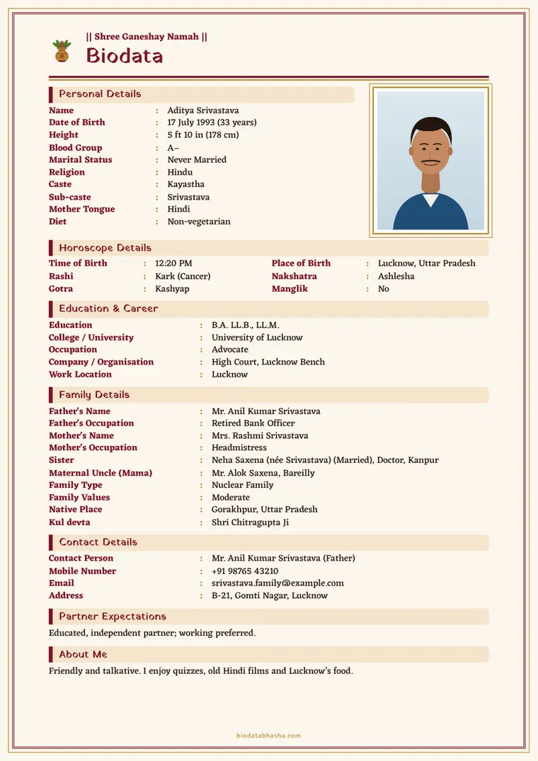 Sample Kayastha marriage biodata in English