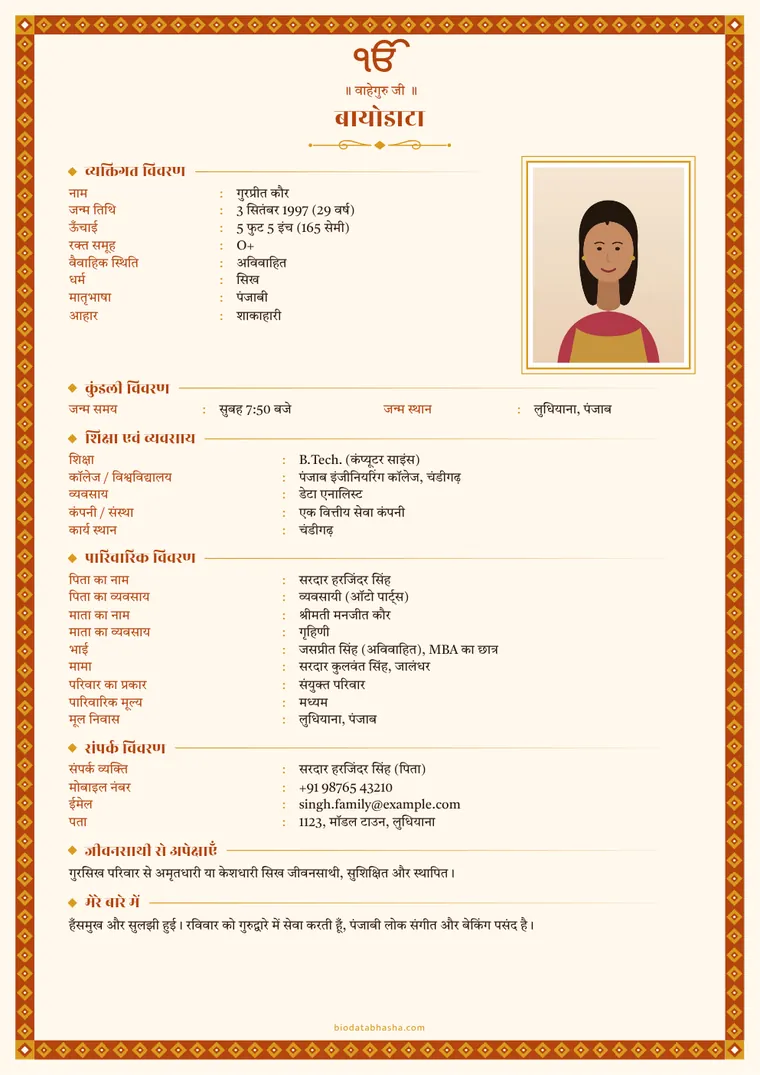 Sample Sikh marriage biodata in Hindi